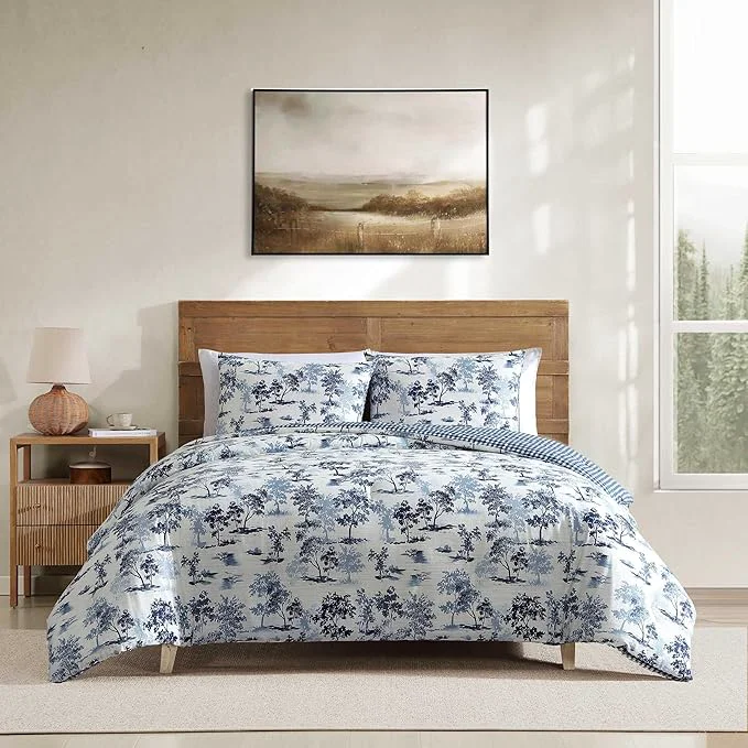 Premium Eddie Bauer - Twin Comforter Set Reversible Bedding with Matching Sham Buffalo Check Reverse Dorm Essentials Vintage Forest Toile Blue Elite