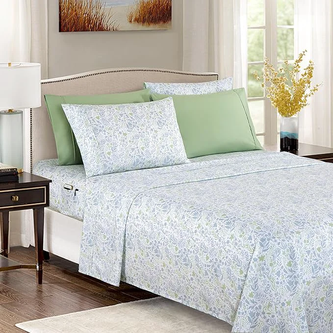 Casual Elegant Comfort Softest and Coziest 6-Piece Sheet Set - 1500 Premium Hotel Quality Microfiber - Deep Pocket Wrinkle Resistant 6-Piece Floral Bed Sheet Set California King Anita Green