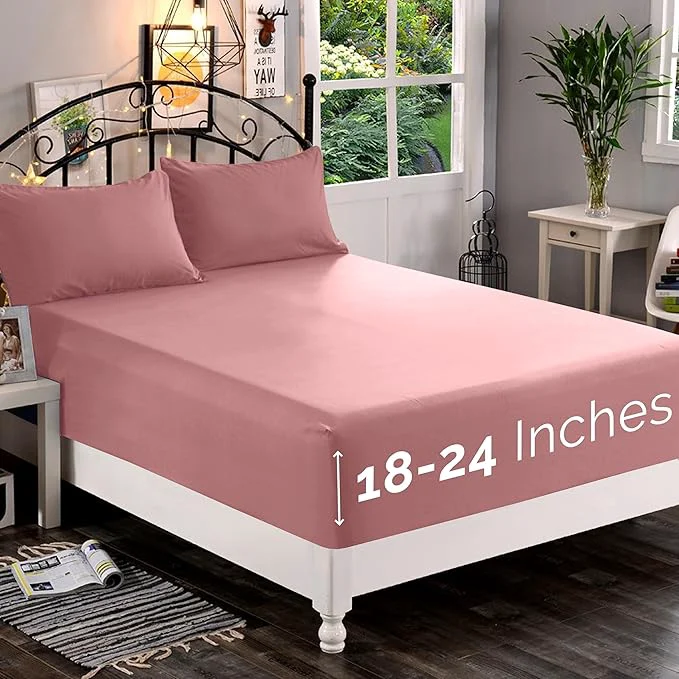Fashionable Elegant Comfort 1500 Premium Quality Fitted Sheet Ultra Soft 18-24 Inch Extra Deep Pocket - Single Fitted Sheet for High Mattress - Wrinkle with Smart Storage Pockets Queen Dusty Rose Expertly Made