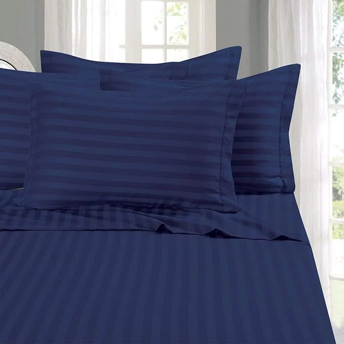 Relaxed Elegant Comfort Softest Coziest 6-Piece Sheet Sets - 1500 Premier Hotel Quality Luxurious Wrinkle Resistant 6-Piece Damask Stripe Bed Sheet Set Queen Navy Blue Safe