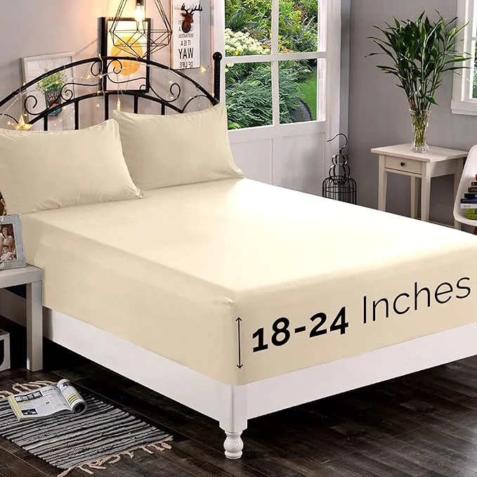 Exclusive Elegant Comfort 1500 Premium Quality Fitted Sheet Ultra Soft 18-24 Inch Extra Deep Pocket - Single Fitted Sheet for High Mattress - Wrinkle with Smart Storage Pockets Twin Twin XL Cream Dependable