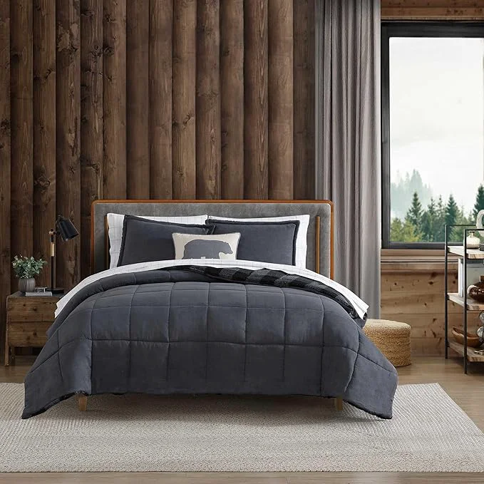 Original Design Eddie Bauer - Queen Comforter Set Microsuede Bedding with Soft Plush Faux Shearling Reverse 3 Piece Bed Set with Matching Pillowcases Cabin Plaid Grey Eco-Friendly