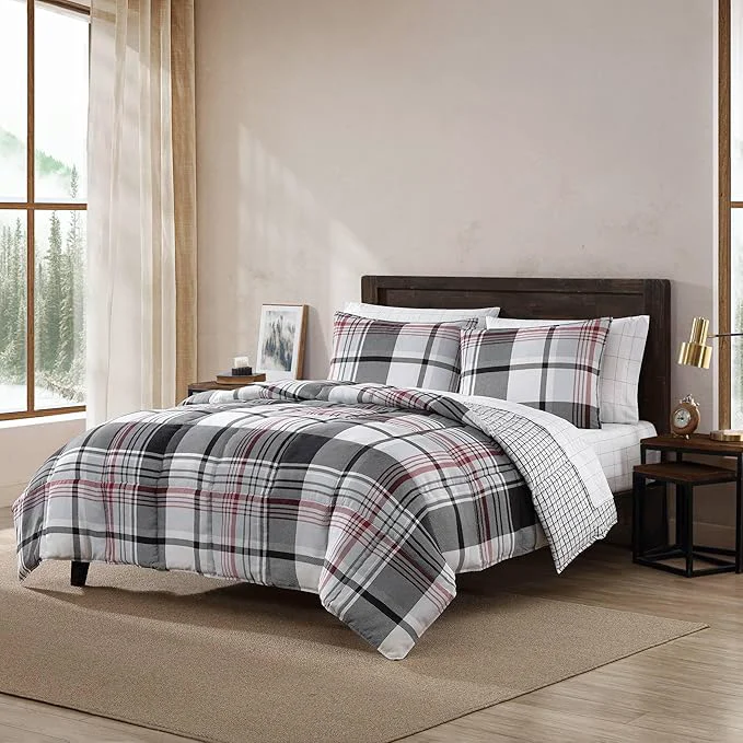Breathable Eddie Bauer- Queen Comforter Set Reversible Microsuede Bedding with Matching Sham s Casual Home Decor Normandy Plaid Black Queen Healthy