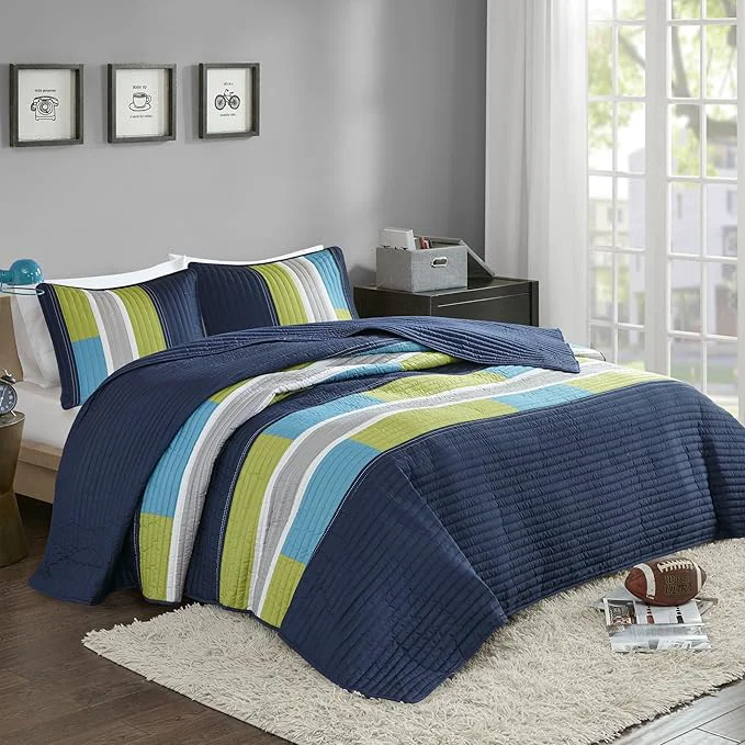 Advanced Comfort Spaces Quilt Set Trendy Casual Fun Vibrant Color Design Hypoallergenic All Season Lightweight Coverlet Bedspread Cozy Kids Bedding amp Sham Full Queen Pierre Navy Blue 3 Piece Comfortable