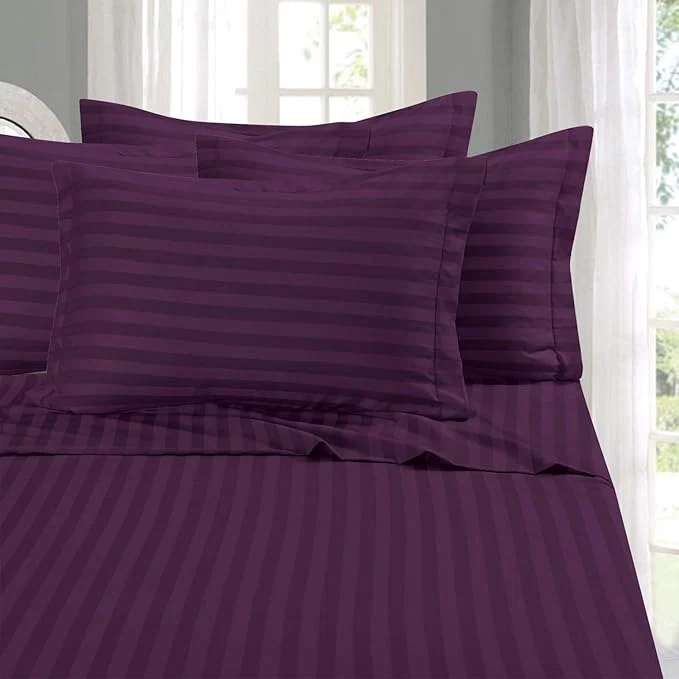 Convenient Elegant Comfort Softest Coziest 6-Piece Sheet Sets - 1500 Premier Hotel Quality Luxurious Wrinkle Resistant 6-Piece Damask Stripe Bed Sheet Set King Eggplant Purple Premium Material