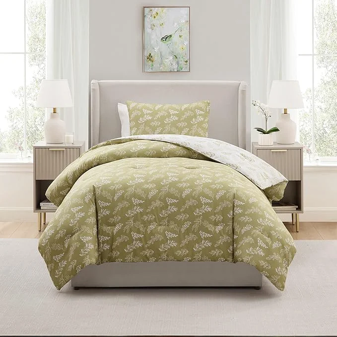 Recyclable Nestl Twin Twin XL Comforter Set - Olive Green Bed in a Bag Twin 2 Pieces Reversible Bed Set Soft Floral Bedding Set for College Dorm All Season Botanical Comforters with Pillow Sham