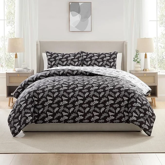 Minimalist Nestl Queen Comforter Set - Black Bed in a Bag Queen Size 3 Pieces Reversible Bed Set Soft Floral Bedding Set All Season Botanical Comforters with Pillow Shams Original Design