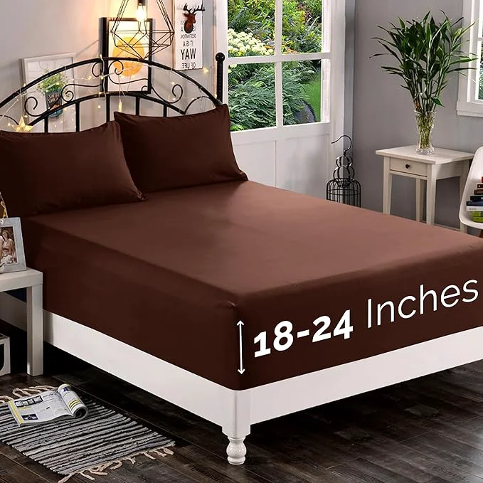 Professional Elegant Comfort 1500 Premium Quality Fitted Sheet Ultra Soft 18-24 Inch Extra Deep Pocket - Single Fitted Sheet for High Mattress - Wrinkle with Smart Storage Pockets Full Chocolate Brown Advanced