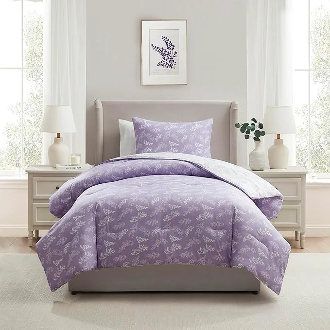 Fashionable Nestl Twin Twin XL Comforter Set - Lavender Bed in a Bag Twin 2 Pieces Reversible Bed Set Soft Floral Bedding Set for College Dorm All Season Botanical Comforters with Pillow Sham Fast
