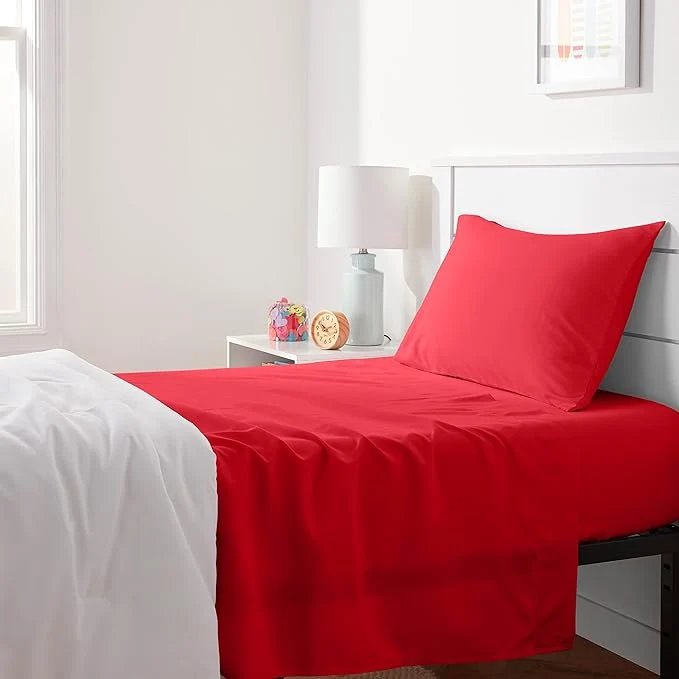 Functional Amazon Basics Kid 39 s Soft Breathable Machine Washable Microfiber 3-Piece Sheet Set with Pillowcase Twin Red Solid Natural