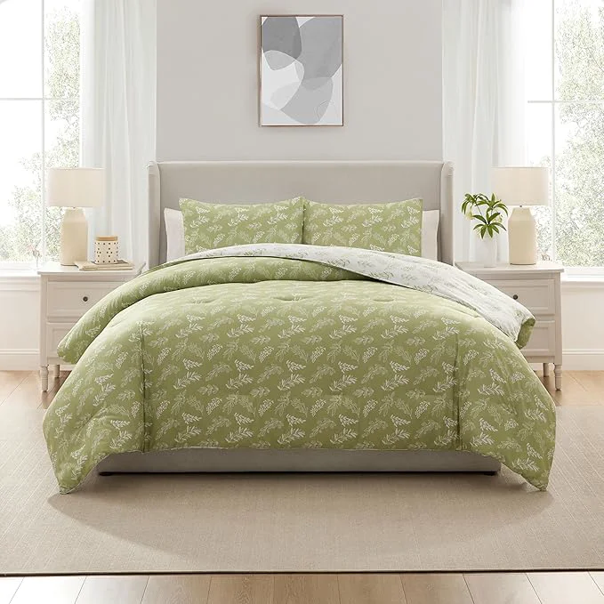 Modern Nestl King Size Comforter Set - Sage Green Bed in a Bag King Size 3 Pieces Reversible Bed Set Soft Floral Bedding Set All Season Botanical Comforters with Pillow Shams Prestigious