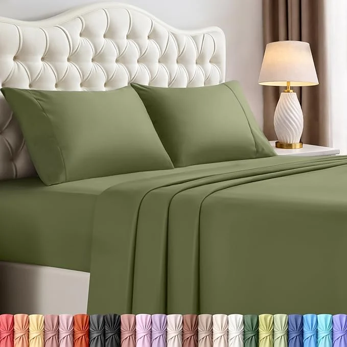 Long-Lasting Utopia Bedding King Size Sheet Set – 4 Piece Bed Sheets Soft and Breathable Microfiber Includes 1 Fitted Sheet 1 Flat Sheet and 2 Pillowcases – Oeko Tex Olive Advanced