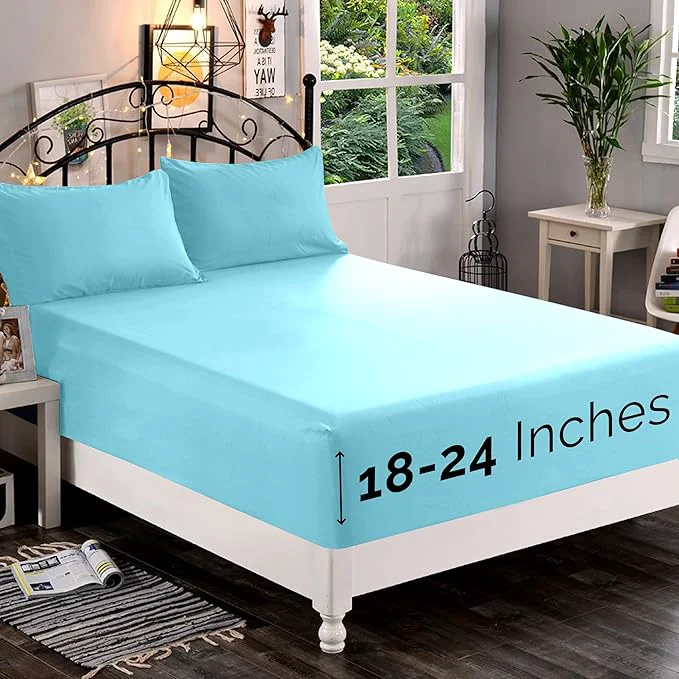 Traditional Elegant Comfort 1500 Premium Quality Fitted Sheet Ultra Soft 18-24 Inch Extra Deep Pocket - Single Fitted Sheet for High Mattress - Wrinkle with Smart Storage Pockets Full Aqua Blue Luxury