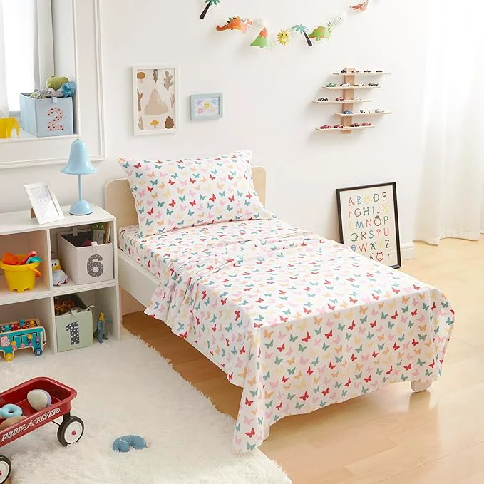 Contemporary Amazon Basics Kid 39 s Soft Easy-Wash Lightweight Microfiber 3-Piece Sheet Set Toddler Multi Colour Butterflies Easy-to-Use