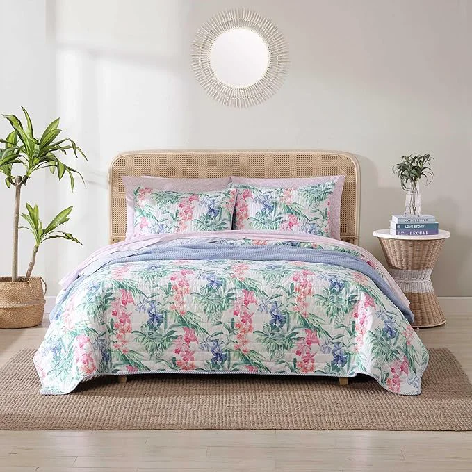 Elegant Tommy Bahama - King Quilt Set Reversible Cotton Coastal Bedding with Matching Shams Colorful Botanical Bedding Set Island Orchid Pink Blue Artisan
