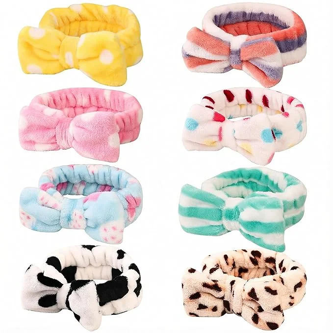 Minimalist Hishexin 8 Pack Spa Headbands for Women Soft Bow Skincare Headband for Washing Solid