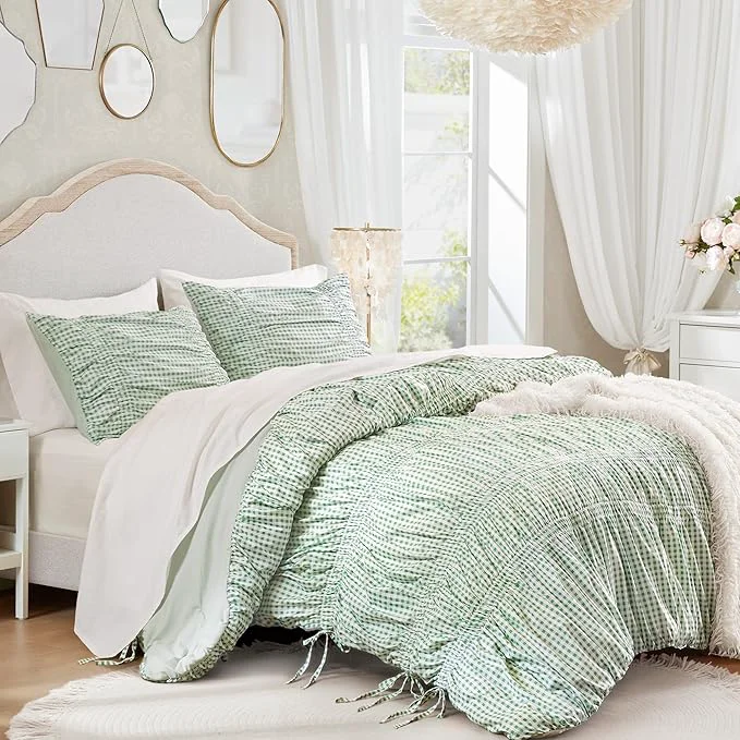 Carefully Designed Intelligent Design Ella King Comforter Set – Ruched Gingham Shabby Chic Bedding Bow-Tie Detail All Season Lightweight 3 Piece Bedding Set Sham King Cal King Green Premium Material