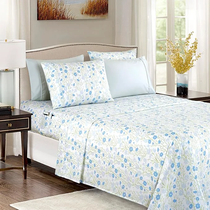 Classic Elegant Comfort Softest and Coziest 4-Piece Sheet Set - 1500 Premium Hotel Quality Microfiber - Deep Pocket Wrinkle Resistant 4-Piece Floral Bed Sheet Set Twin Laurel Blue Certified