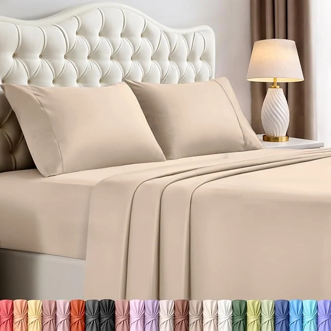 Safe Utopia Bedding Queen Size Sheet Set – 4 Piece Bed Sheets Soft and Breathable Microfiber Includes 1 Fitted Sheet 1 Flat Sheet and 2 Pillowcases – Oeko Tex Beige Prestigious