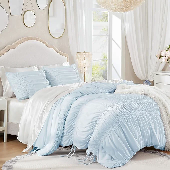 Secure Intelligent Design Ruched Shabby Chic Comforters for Queen Size Bed All Season Lightweight Comforter Queen French Country Bedding Set Sham Ella Full Queen Blue 3 Piece Smooth