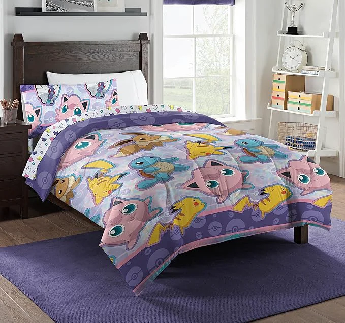 Luxury Northwest Pokemon Twin Sized Bed in a Bag Set Pikachu Eevee Jigglypuff Anime Bedding for Kids Boys Girls Friendly Battle Pure