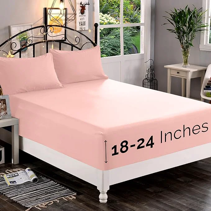 Flexible Elegant Comfort 1500 Premium Quality Fitted Sheet Ultra Soft 18-24 Inch Extra Deep Pocket - Single Fitted Sheet for High Mattress - Wrinkle with Smart Storage Pockets Full Blush Solid