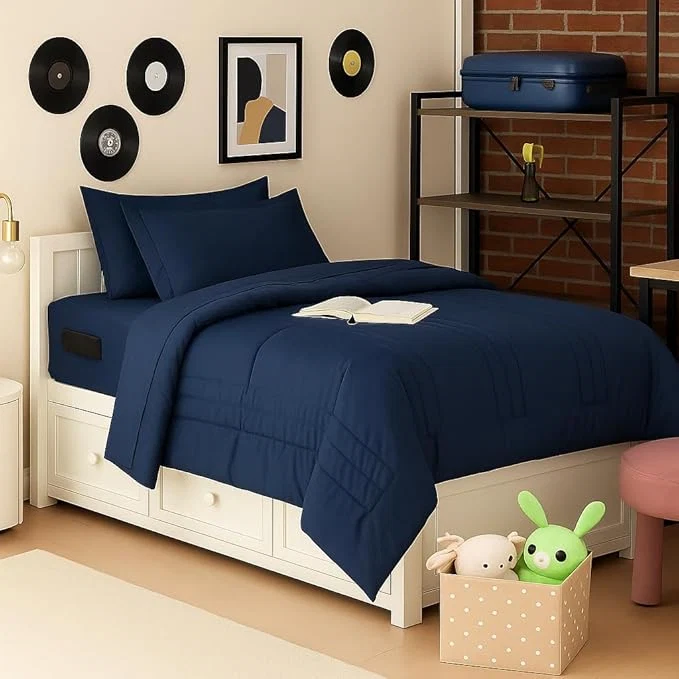 Green Twin Size Comforter Set Quilted Stripe Bedding Bundle – Comforter Mattress Protector Sheets with Pockets on the Side amp Built-in Corner Strap – Fitted Sheet Media Pocket for Devices Navy Blue Fast