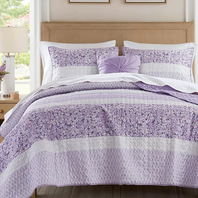 Effective Madison Park Quilt Set Seersucker Floral Coverlet for Queen Size Bed All Season Lightweight Bedding Farmhouse Quilt Set Vermicelli Quilting Throw Pillow Caralie Full Queen Purple 4 Piece Refined