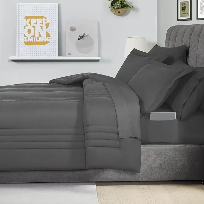 Relaxed Queen Comforter Set Quilted Stripe Bedding Bundle – Comforter Mattress Protector Sheets with Pockets on the Side amp Built-in Corner Strap – Fitted Sheet Media Pocket for Devices Charcoal Solid