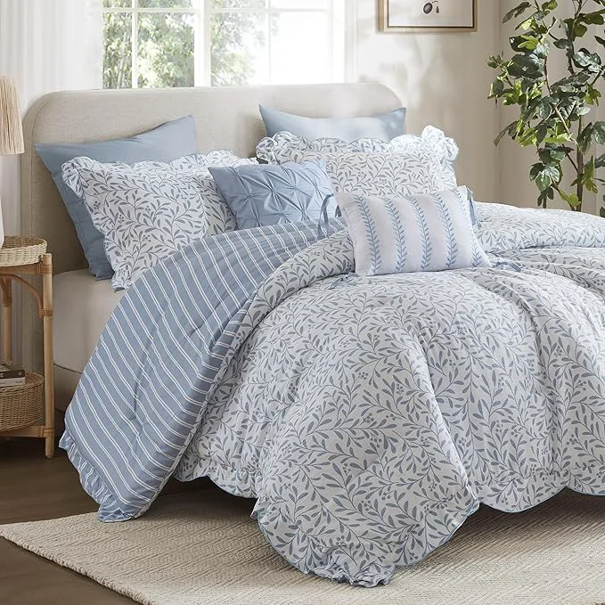 Comfortable Madison Park 5-Piece Reversible Botanical Comforter Set - Summer Floral Print with Scalloped Edges Lightweight Bedding with Decorative Pillows King Blue Reversible Lightweight Dependable