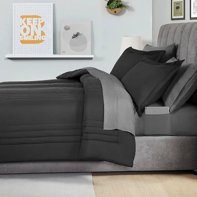 Quality Full Size Comforter Set Quilted Stripe Bedding Bundle – Comforter Mattress Protector Sheets with Pockets on the Side amp Built-in Corner Strap – Fitted Sheet Media Pocket for Devices Black Charcoal Genuine