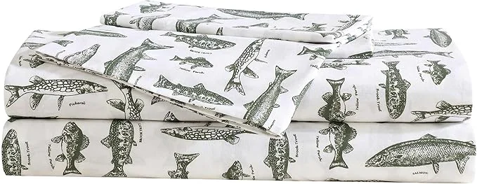 Healthy Eddie Bauer - Sheet Set Cotton Percale Bedding with Matching Pillowcases Crisp amp Breathable 200-Thread Count Classic Comfort Essentials Wes Fish Green Queen Secure