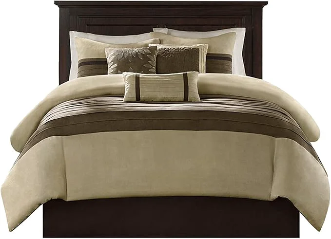 Excellent Madison Park Palmer Comforter Set-Luxury Faux Suede Design Striped Accent All Season Down Bedding Matching Shams Decorative Pillow Bed Skirt Queen 90 in x 90 in Natural 7 Piece Original