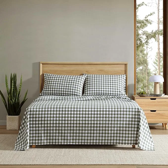 Enhanced Eddie Bauer - King Sheet Set Crisp amp Cooling Sheets w a Naturally Smooth Cotton Percale Lightweight Feel - Matching Pillowcases amp Deep Pocket Fitted Sheet Preston Check Green Original Design