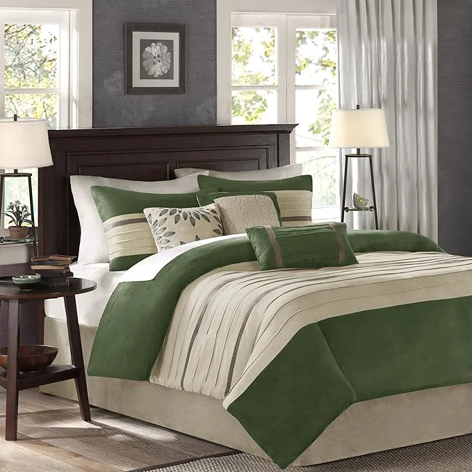 Elite Madison Park Palmer Comforter Set-Luxury Faux Suede Design Striped Accent All Season Down Bedding Matching Shams Decorative Pillow Bed Skirt Queen 90 in x 90 in Green 7 Piece Eco-Friendly