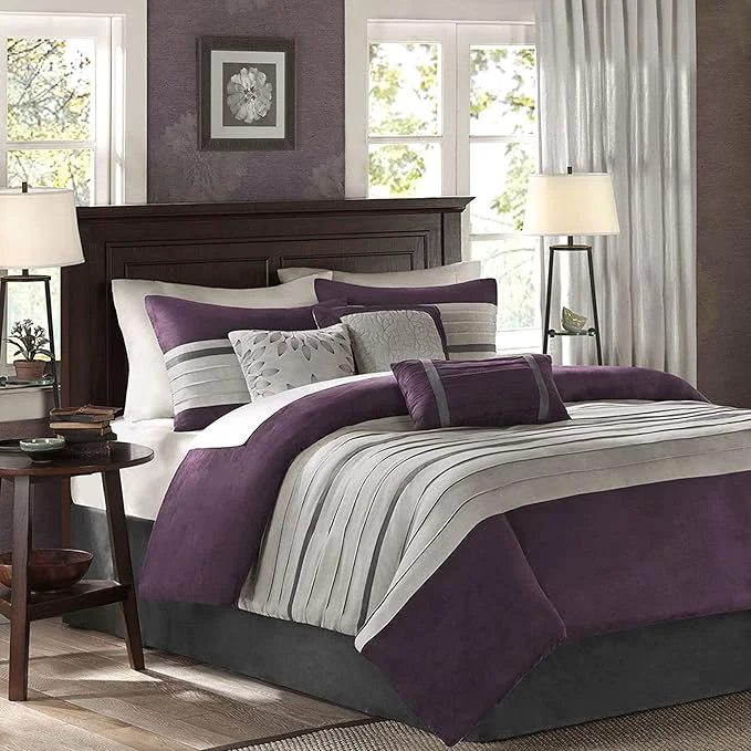 Environmentally Friendly Madison Park Palmer Comforter Set - Faux Suede Design Striped Accent All Season Bedding Shams Decorative Pillow Bed Skirt Queen 90 in x 90 in Purple 7 Piece Prestigious