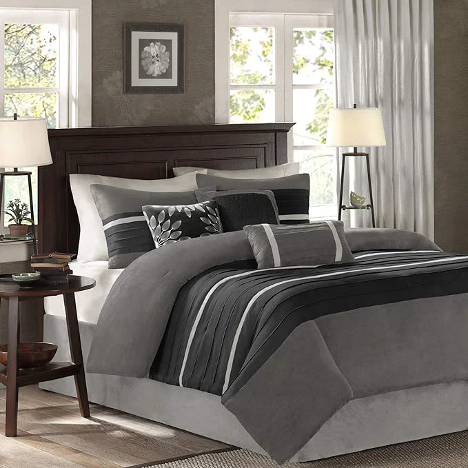 Consistent Madison Park Palmer Comforter Set - Faux Suede Design Striped Accent All Season Down Bedding Matching Shams Decorative Pillow Bed Skirt Full 82 in x 90 in Black 7 Piece Comfortable