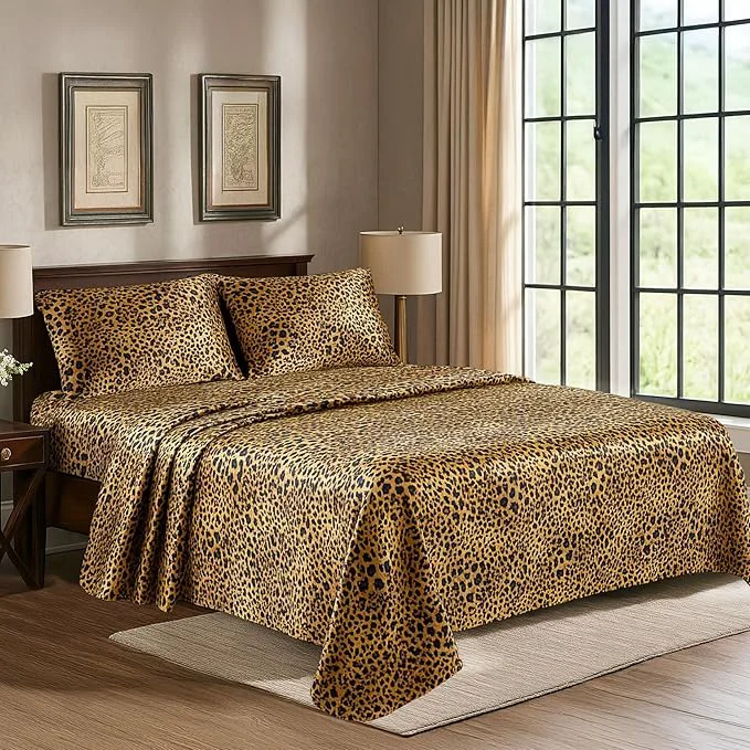 Certified Satin Sheets Twin 3-Piece Gold Leopard Hotel Luxury Silky Bed Sheets - Extra Soft 1800 Microfiber Sheet Set Wrinkle Fade Stain Resistant - Deep Pocket Fitted Sheet Flat Sheet Pillow Cases Unique