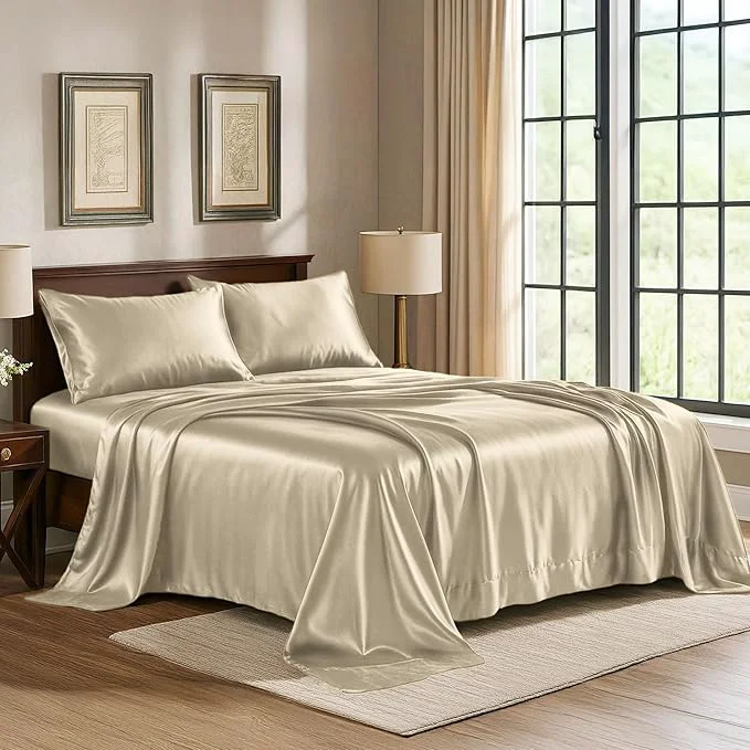 Genuine Satin Sheets King 4-Piece Champagne Gold Hotel Luxury Silky Bed Sheets - Extra Soft 1800 Microfiber Sheet Set Wrinkle Fade Stain Resistant - Deep Pocket Fitted Sheet Flat Sheet Pillow Cases Safe