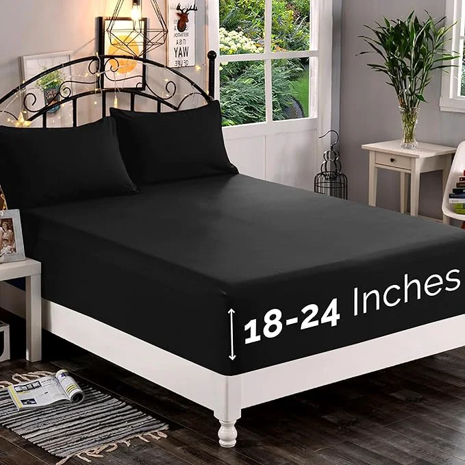 Innovative Elegant Comfort 1500 Premium Quality Fitted Sheet Ultra Soft 18-24 Inch Extra Deep Pocket - Single Fitted Sheet for High Mattress - Wrinkle with Smart Storage Pockets California King Black Powerful