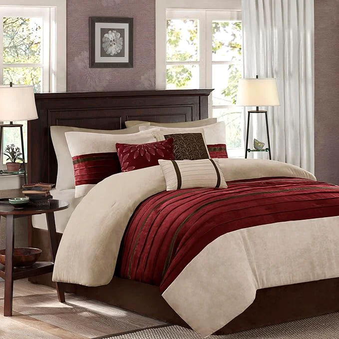 Pure Madison Park Cozy Comforter Set-Luxury Faux Suede Design Striped Accent All Season Down Bedding Matching Shams Decorative Pillow Red California King 104 in x 92 in Lightweight