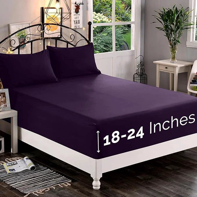 Elegant Comfort 1500 Premium Quality Fitted Sheet Ultra Soft 18-24 Inch Extra Deep Pocket - Single Fitted Sheet for High Mattress - Wrinkle with Smart Storage Pockets King Eggplant-Purple Comfortable