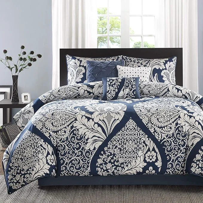 Efficient Madison Park Vienna Sateen Cotton Comforter Set Breathable Soft Cover Trendy All Season Down Cozy Bedding with Matching Shams California King Indigo 7 Piece Reliable