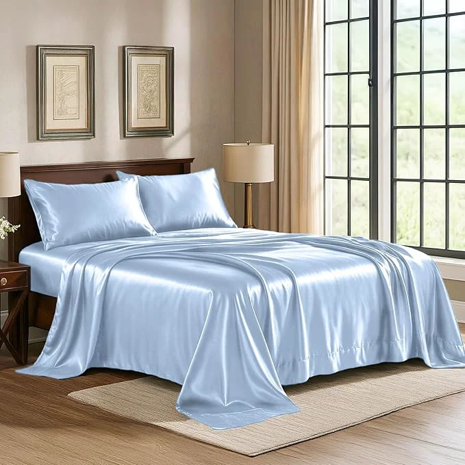 Selected Pure Bedding Satin Sheets Twin Hotel Luxury Silky Bed Sheets - Extra Soft 1800 Microfiber Sheet Set Wrinkle Fade Stain Resistant - Deep Pocket Fitted Flat Sheet Pillow Cases 3-Piece Baby Blue Smart