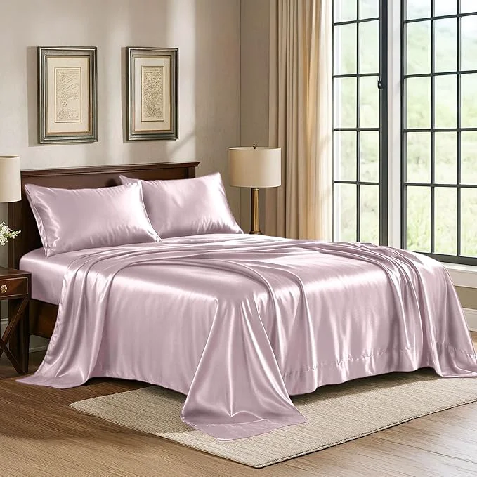 Fashionable Pure Bedding Satin Sheets Full 4-Piece Champagne Pink Hotel Luxury Silky Bed Sheets - Extra Soft 1800 Microfiber Sheet Set Wrinkle Fade Deep Pocket Fitted Sheet Flat Sheet Pillow Cases Exclusive