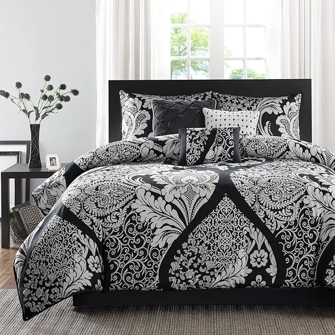 Authentic Madison Park Vienna Sateen Cotton Comforter Set Breathable Soft Cover Trendy All Season Down Cozy Bedding with Matching Shams King Black 7 Piece Fashionable