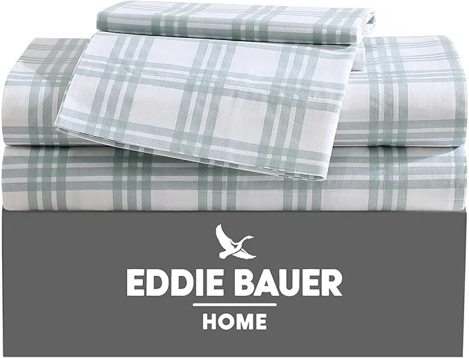 Top-Quality Eddie Bauer - Queen Sheets Cotton Percale Bedding Set Crisp amp Cool Home Decor Light Green Plaid Queen Premium Material