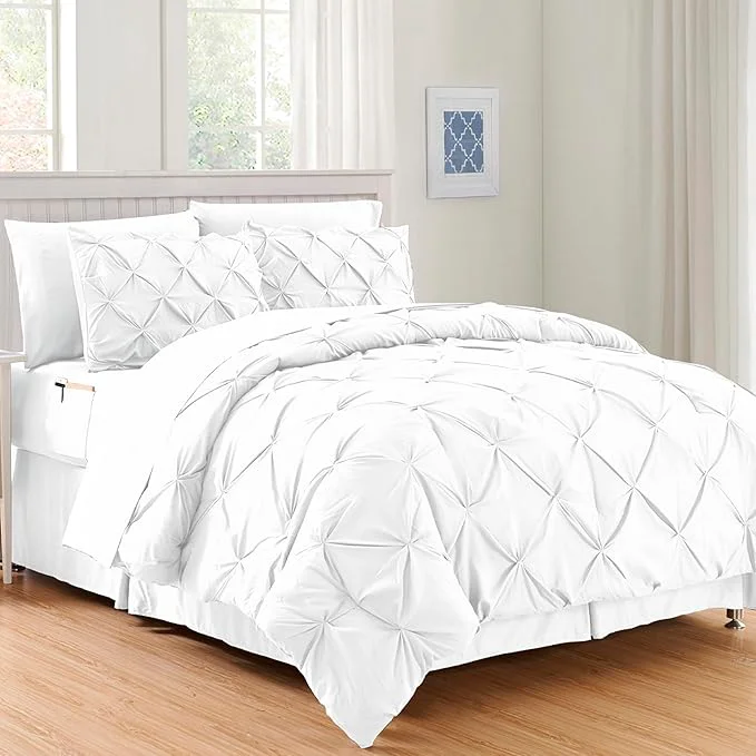 High-Quality Elegant Comfort 8-Piece Pinch Pleated Comforter Set - All Season Complete Bed in a Bag Includes 4pc Smart Sheet Set Bed Skirt Comforter Matching Pillowcases and Shams King Cal King White Verified