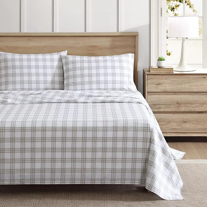 Official Eddie Bauer - Twin Sheet Set Cotton Percale Bedding Set Super Soft and Bedding Set Oeko-Tex Basic Plaid Beige Twin Safe