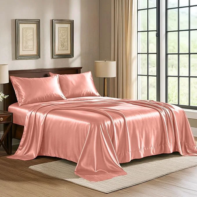 Smart Pure Bedding Satin Sheets Queen 4-Piece Blush Pink Hotel Luxury Silky Bed Sheets - Extra Soft 1800 Microfiber Sheet Set Wrinkle Fade Deep Pocket Fitted Sheet Flat Sheet Pillow Cases Professional